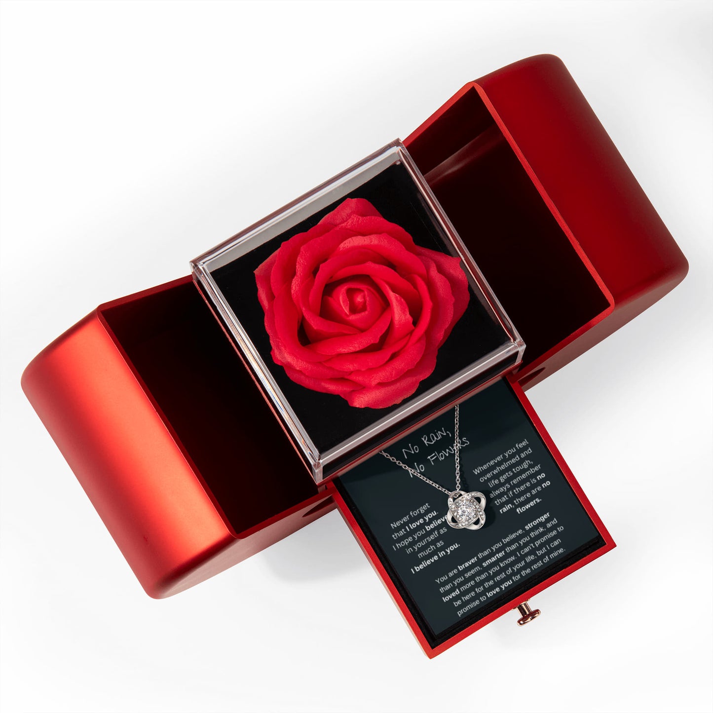 No Rain No Flowers - I Believe In You - Love Knot Necklace with Red Heart Rose Box