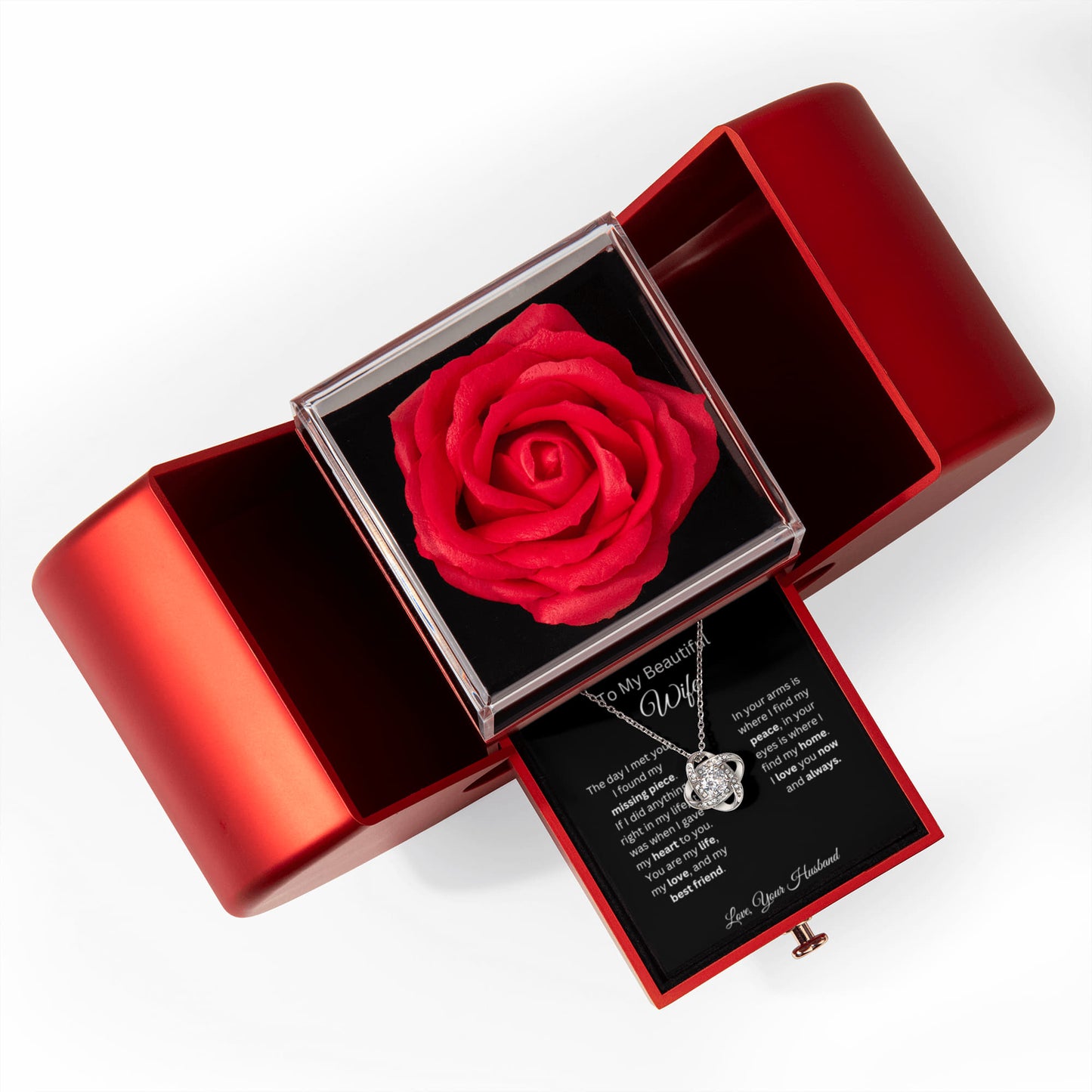To My Beautiful Wife - My Missing Piece - Love Knot Necklace with Red Heart Rose Box