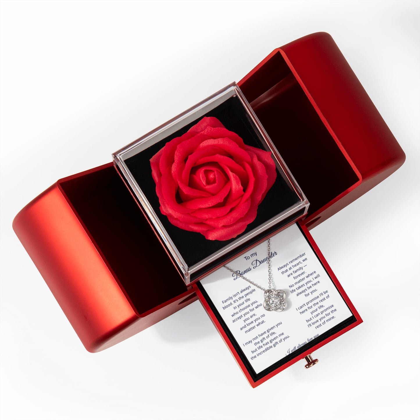 To My Bonus Daughter - We Are Family - Love Knot Necklace with Red Heart Rose Box