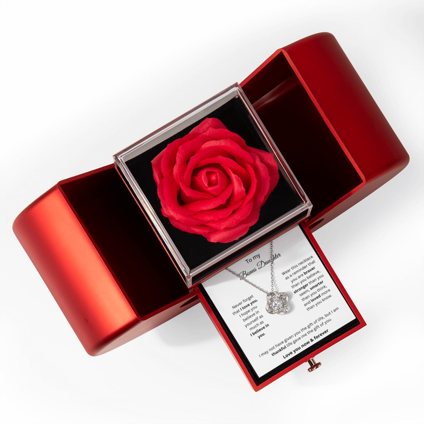 To My Bonus Daughter - Never Forget - Love Knot Necklace with Red Heart Rose Box