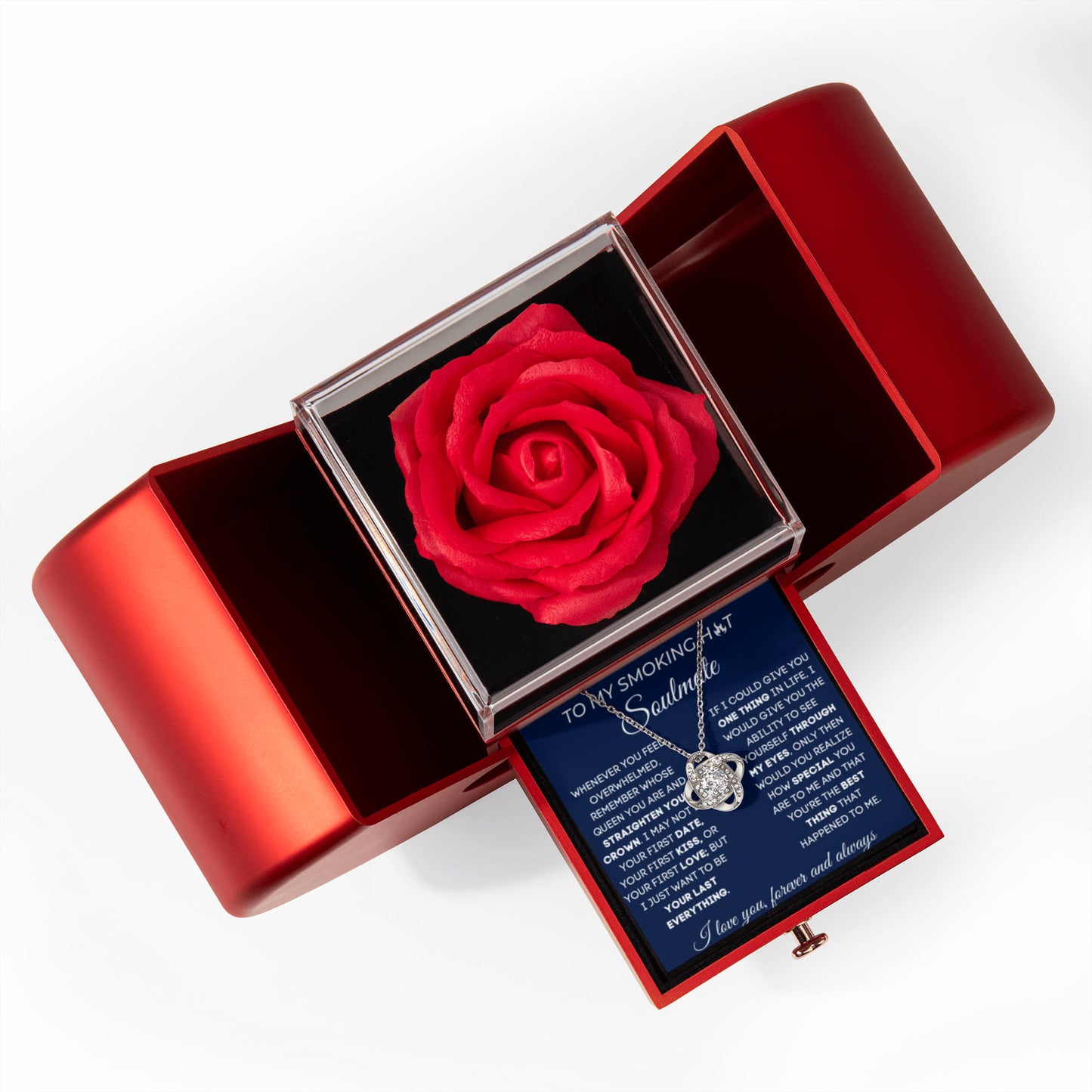 To My Smoking Hot Soulmate - I Love You - Love Knot Necklace with Red Heart Rose Box