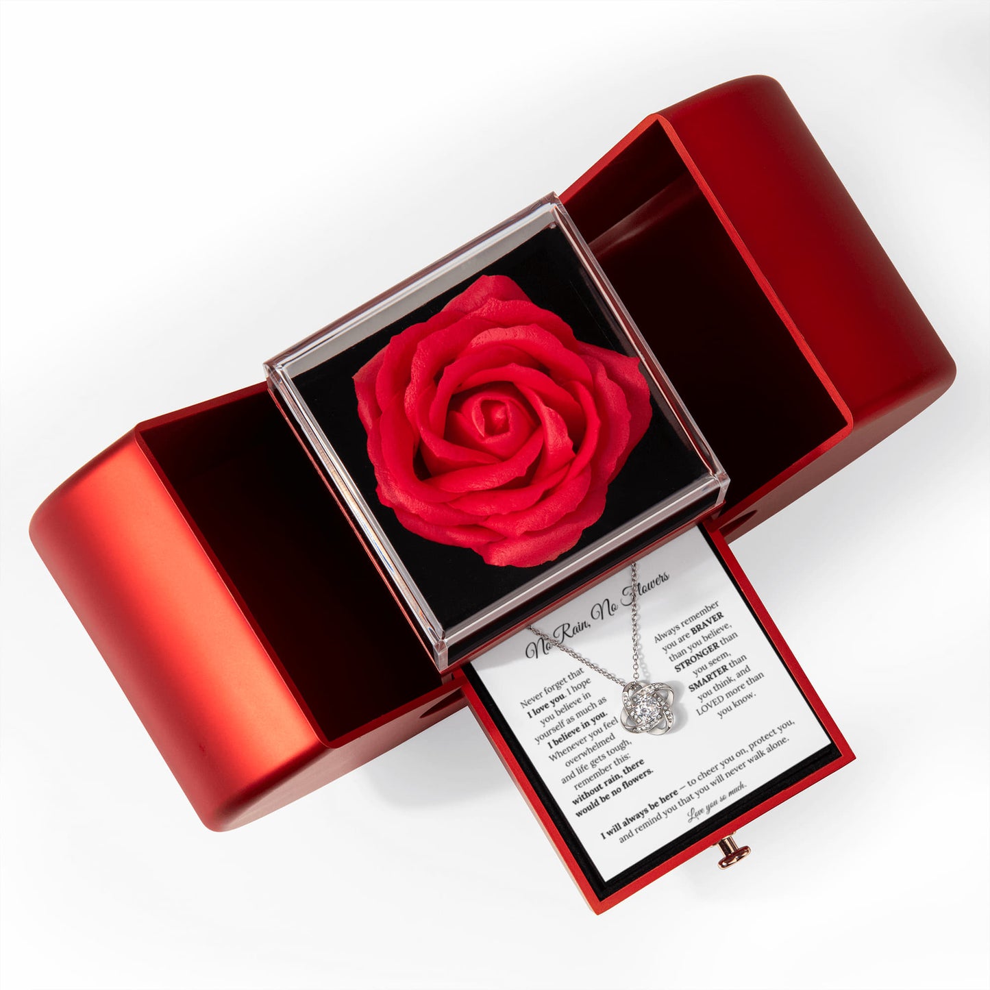 No Rain, No Flowers | I Will Always Be Here | Love Knot Necklace with Red Heart Rose Box