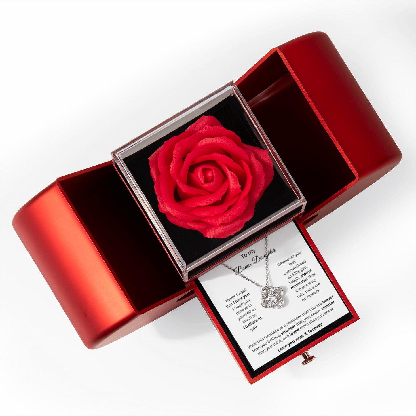 To My Bonus Daughter  - Love You Now & Forever - Love Knot Necklace with Red Heart Rose Box