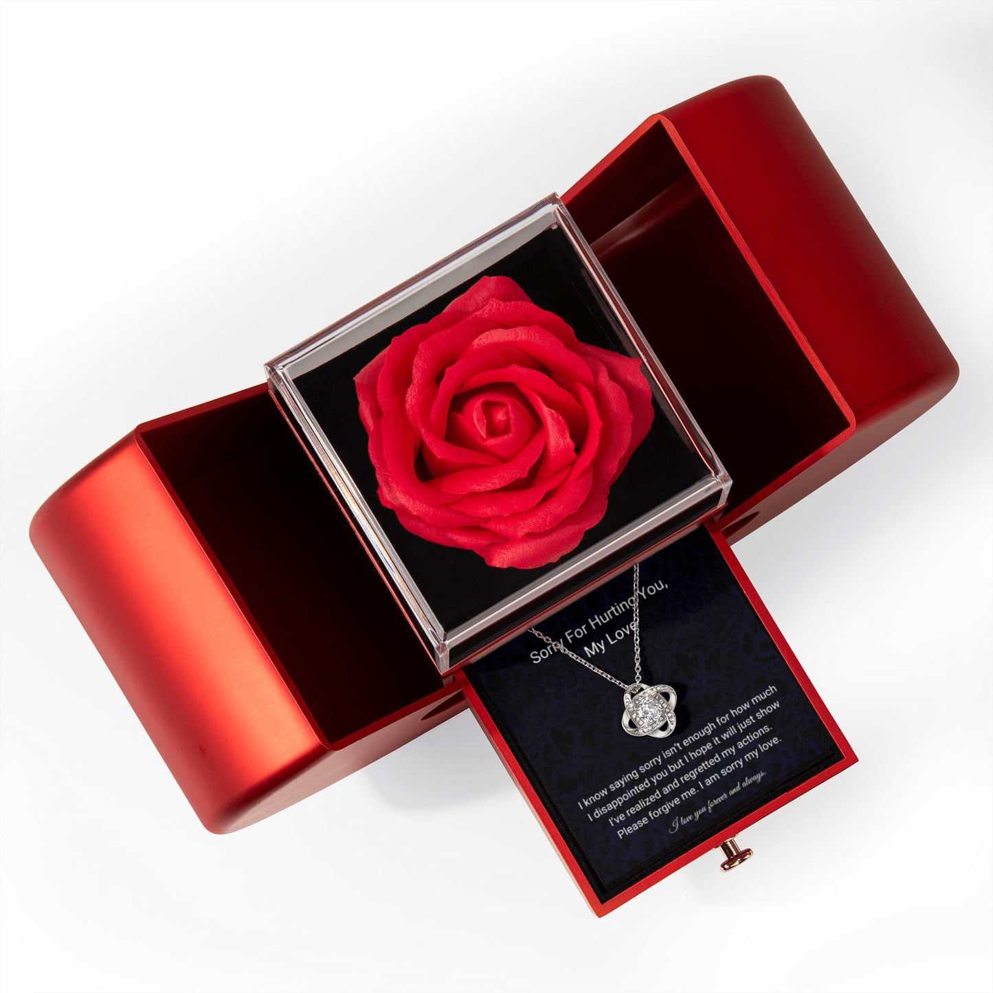 Forgive Me My Love | I Love You Forever & Always | Love Knot Necklace with Red Heart Rose Box
