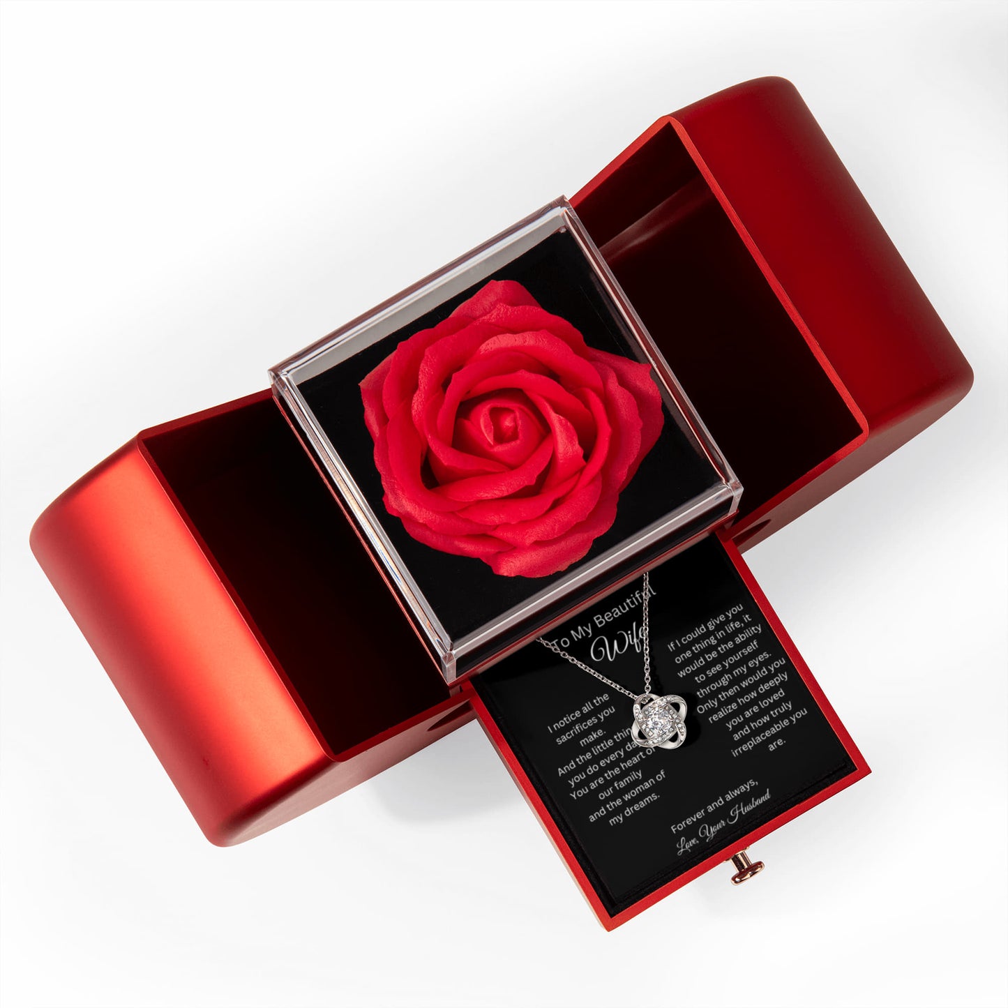 To My Beautiful Wife - Heart Of Our Family - Love Knot Necklace with Red Heart Rose Box