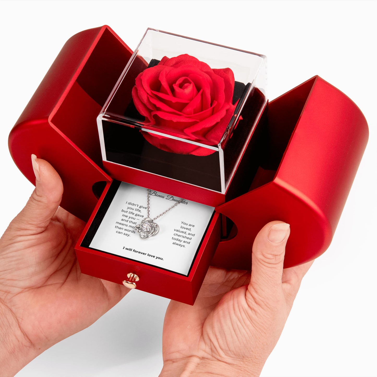 To My Bonus Daughter - You Are Loved -- Love Knot Necklace with Red Heart Rose Box