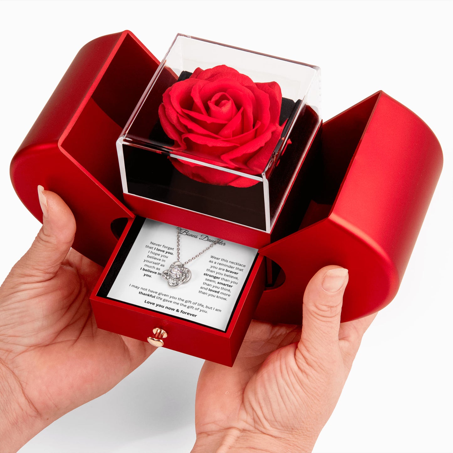 To My Bonus Daughter - Never Forget - Love Knot Necklace with Red Heart Rose Box