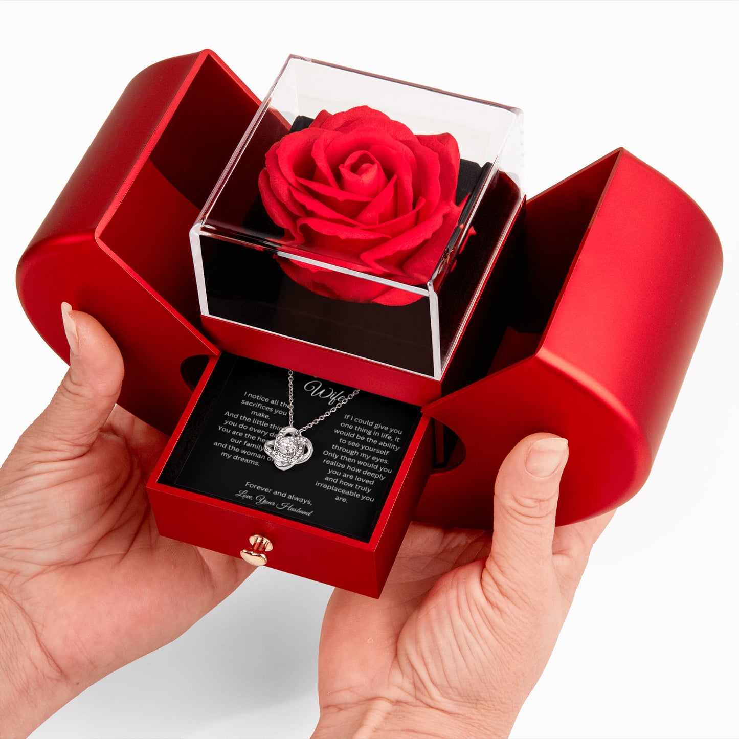 To My Beautiful Wife - Heart Of Our Family - Love Knot Necklace with Red Heart Rose Box