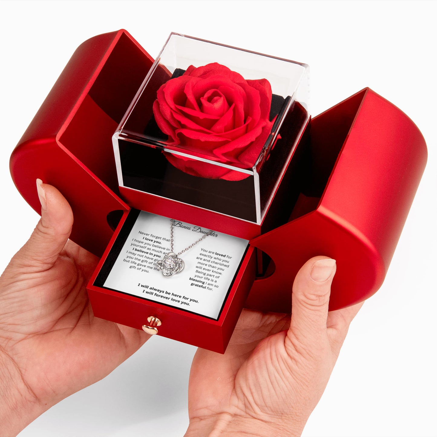 To My Bonus Daughter - I Love You - Love Knot Necklace with Red Heart Rose Box