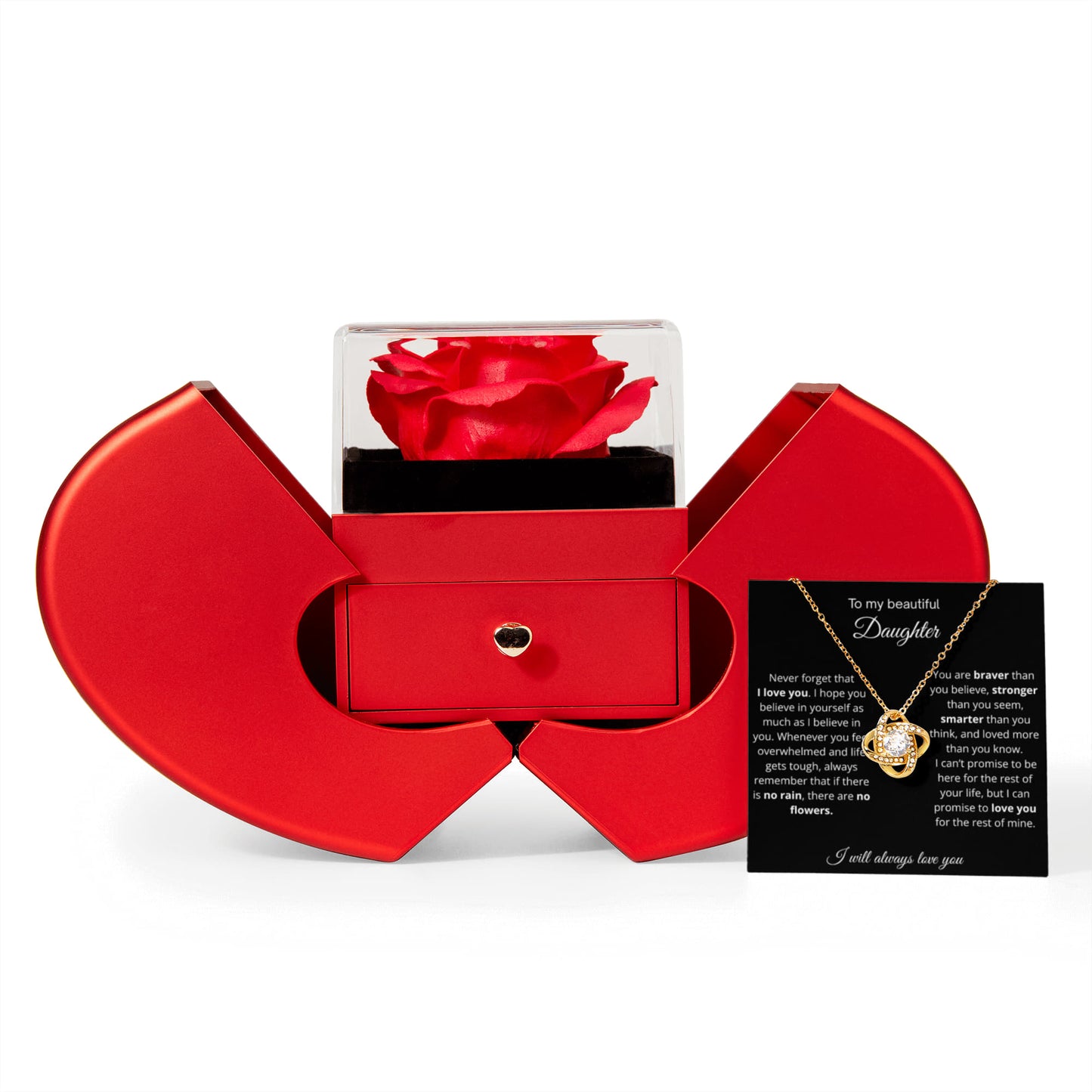 [HOLIDAY BESTSELLER] To My Beautiful Daughter - No Rain No Flowers -Love Knot Necklace with Red Heart Rose Box