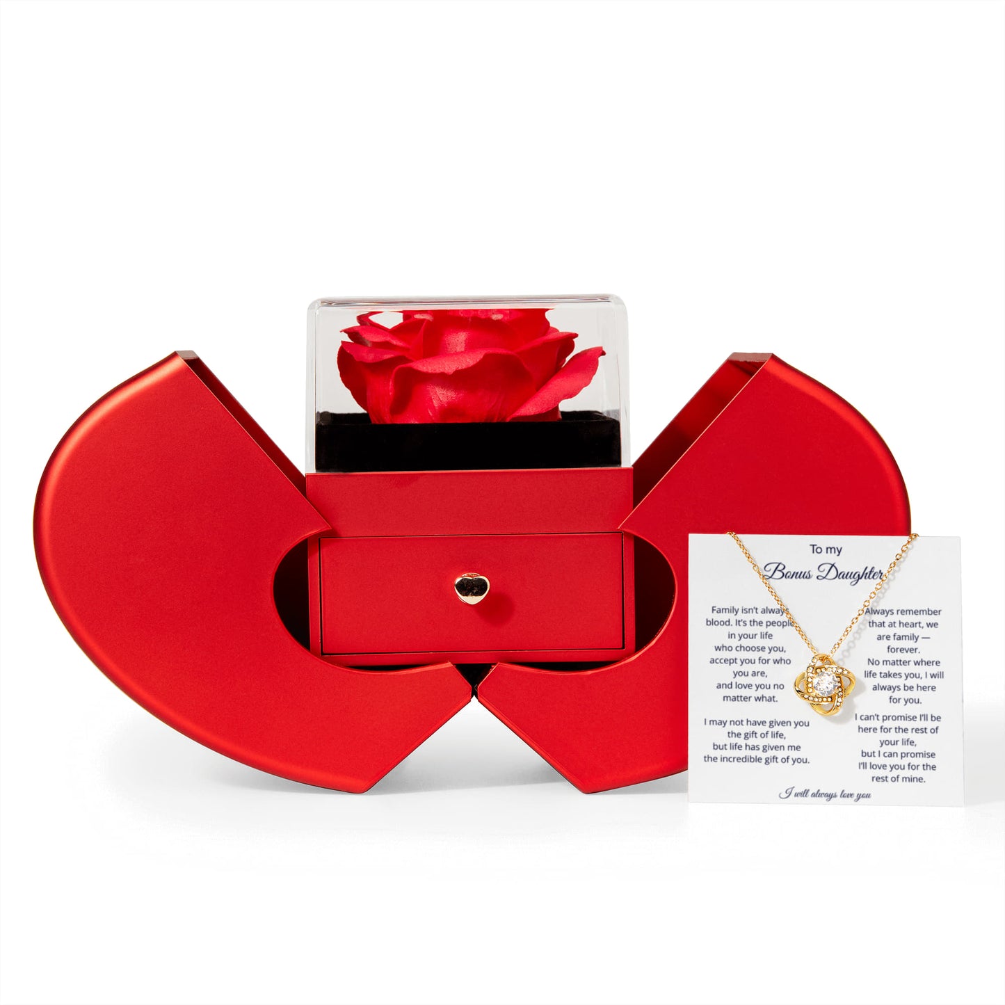 To My Bonus Daughter - We Are Family - Love Knot Necklace with Red Heart Rose Box