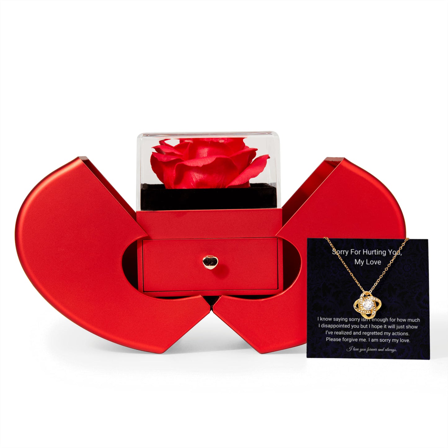 Forgive Me My Love | I Love You Forever & Always | Love Knot Necklace with Red Heart Rose Box