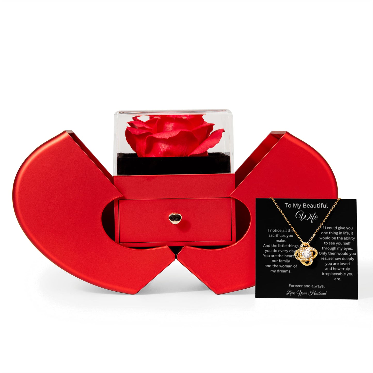 To My Beautiful Wife - Heart Of Our Family - Love Knot Necklace with Red Heart Rose Box
