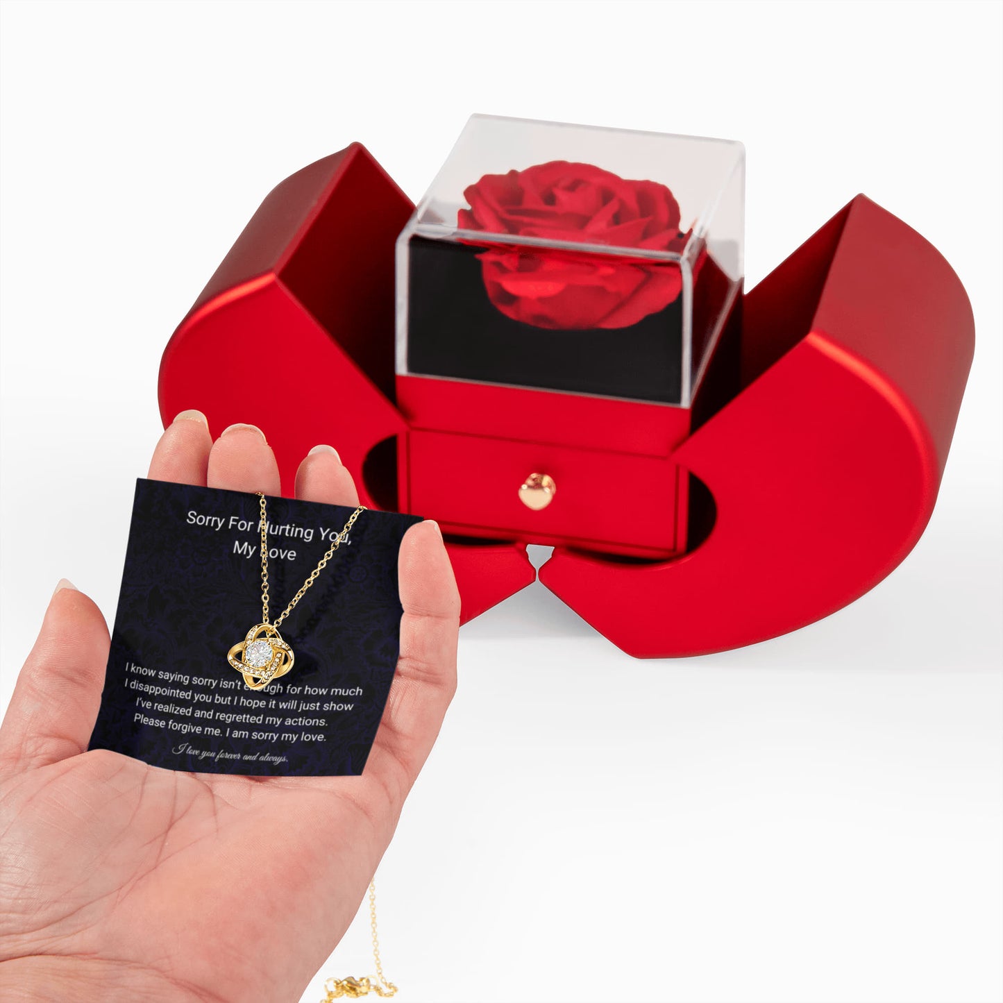 Forgive Me My Love | I Love You Forever & Always | Love Knot Necklace with Red Heart Rose Box