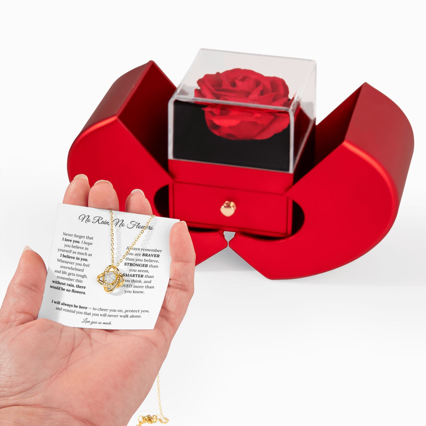 No Rain, No Flowers | I Will Always Be Here | Love Knot Necklace with Red Heart Rose Box
