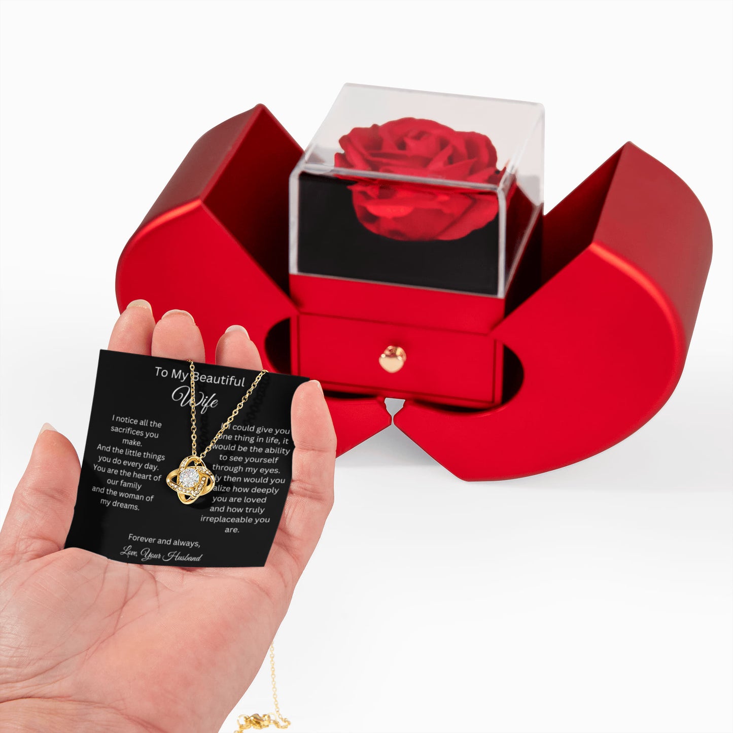 To My Beautiful Wife - Heart Of Our Family - Love Knot Necklace with Red Heart Rose Box