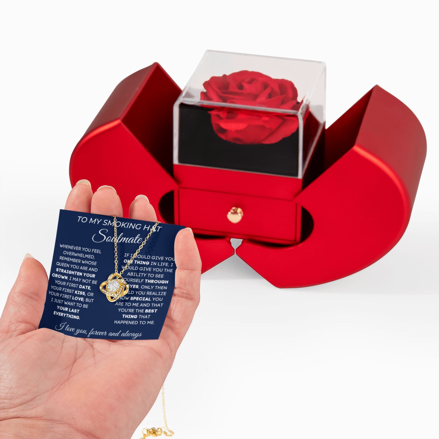 To My Smoking Hot Soulmate - I Love You - Love Knot Necklace with Red Heart Rose Box