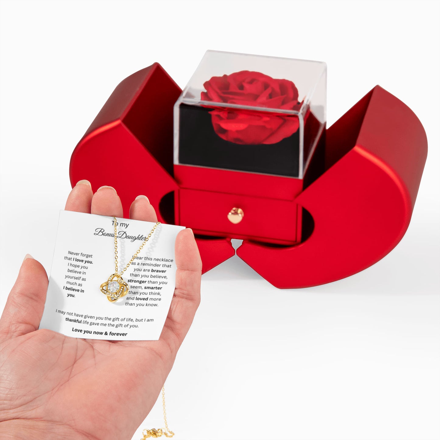 To My Bonus Daughter - Never Forget - Love Knot Necklace with Red Heart Rose Box