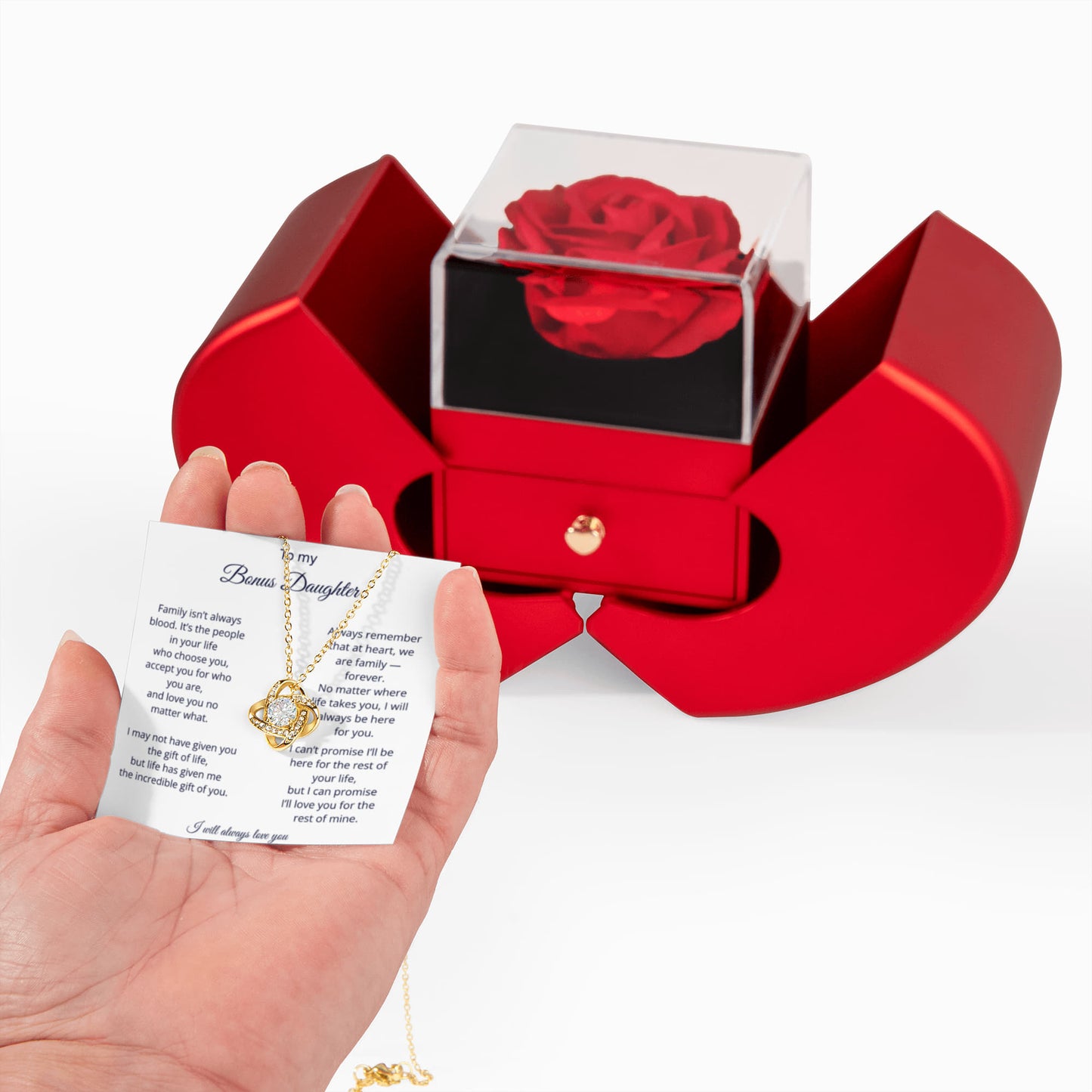 To My Bonus Daughter - We Are Family - Love Knot Necklace with Red Heart Rose Box