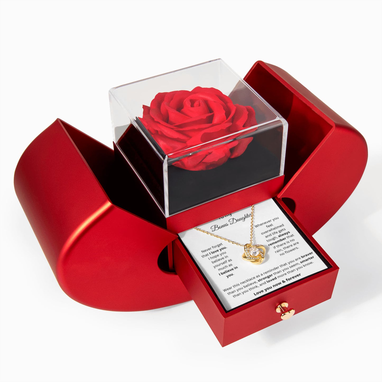 To My Bonus Daughter  - Love You Now & Forever - Love Knot Necklace with Red Heart Rose Box
