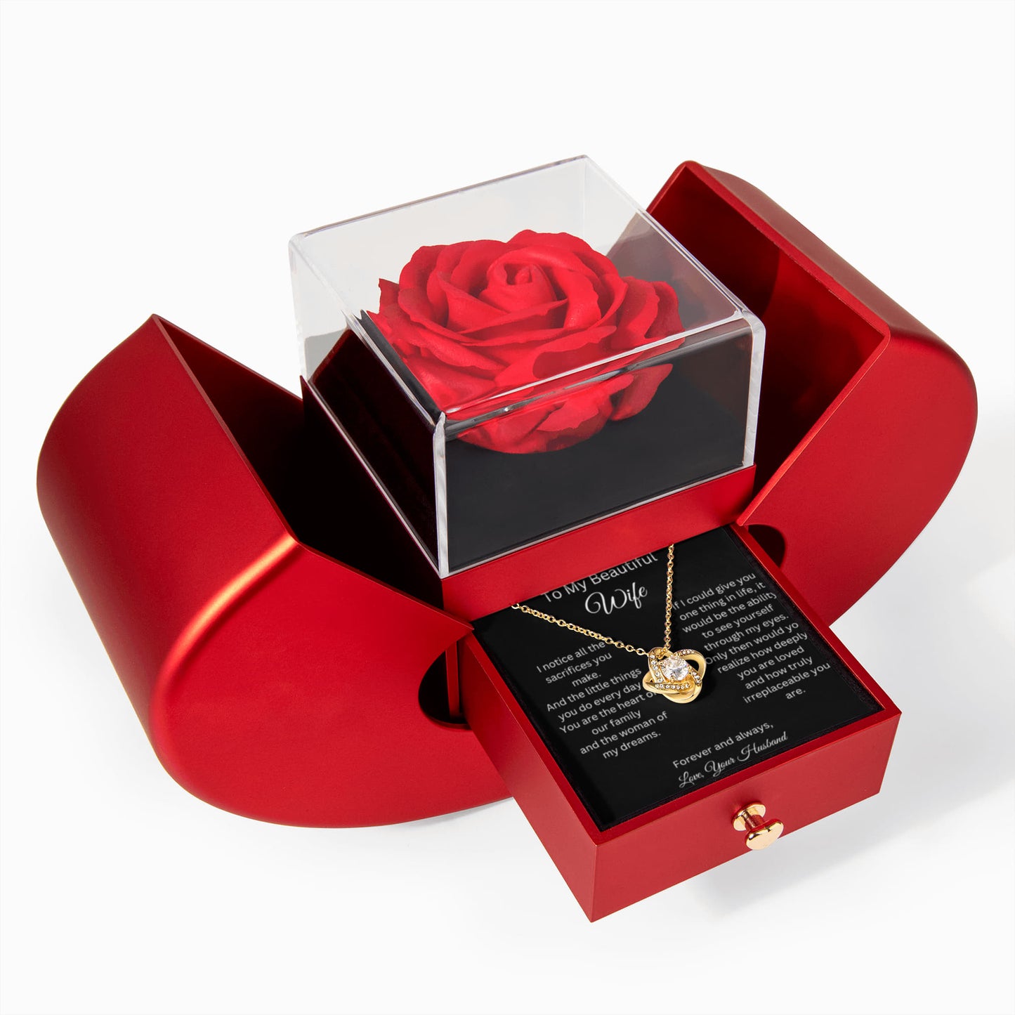 To My Beautiful Wife - Heart Of Our Family - Love Knot Necklace with Red Heart Rose Box
