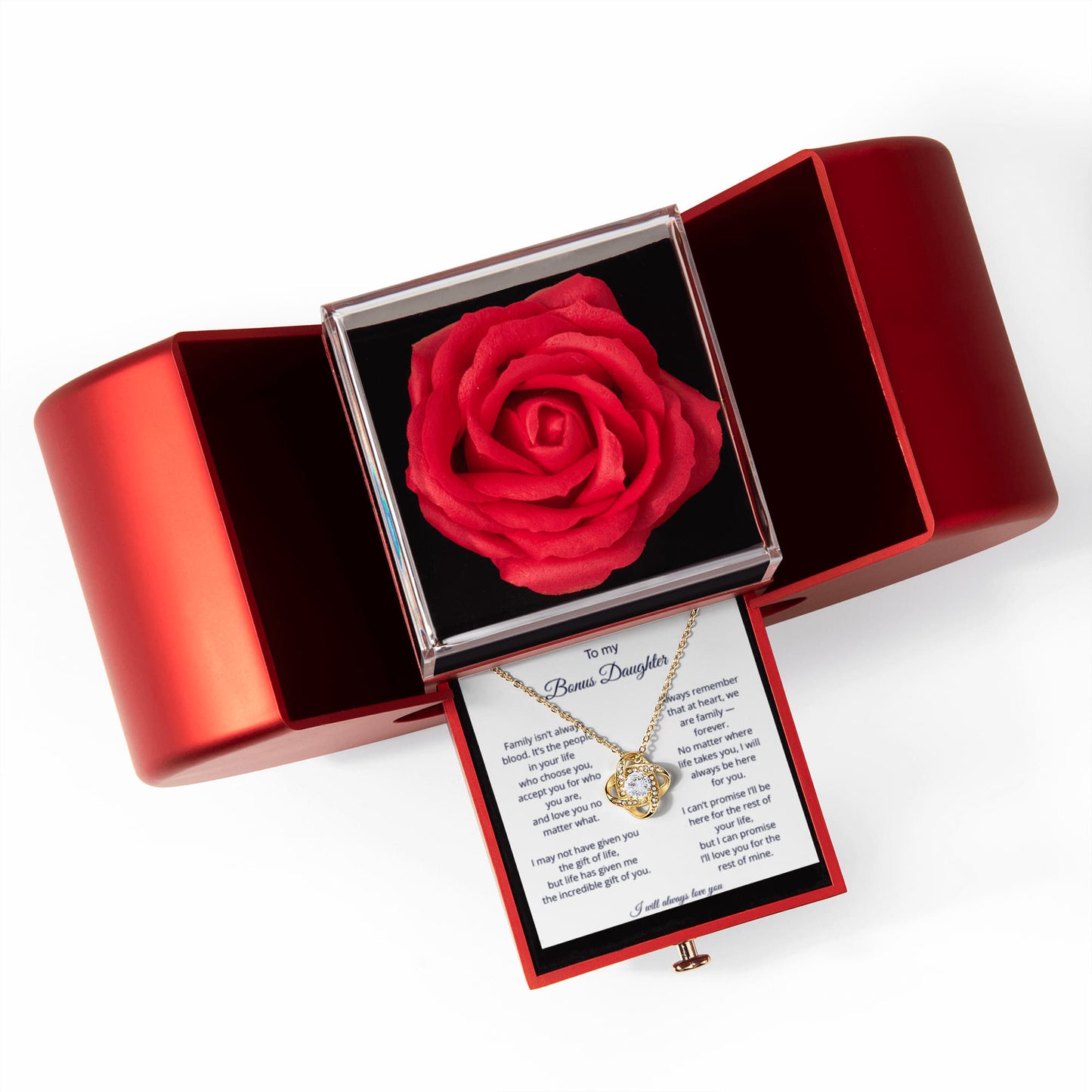 To My Bonus Daughter - We Are Family - Love Knot Necklace with Red Heart Rose Box