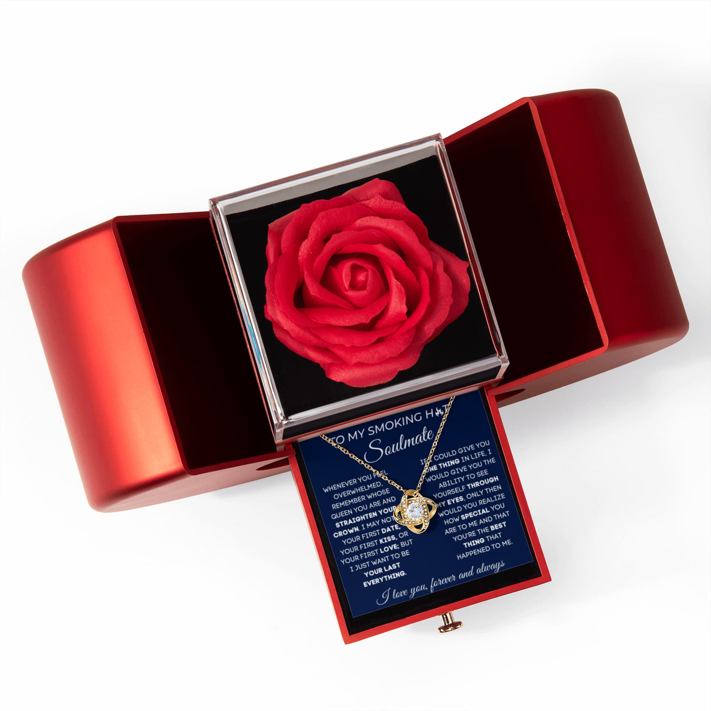 To My Smoking Hot Soulmate - I Love You - Love Knot Necklace with Red Heart Rose Box