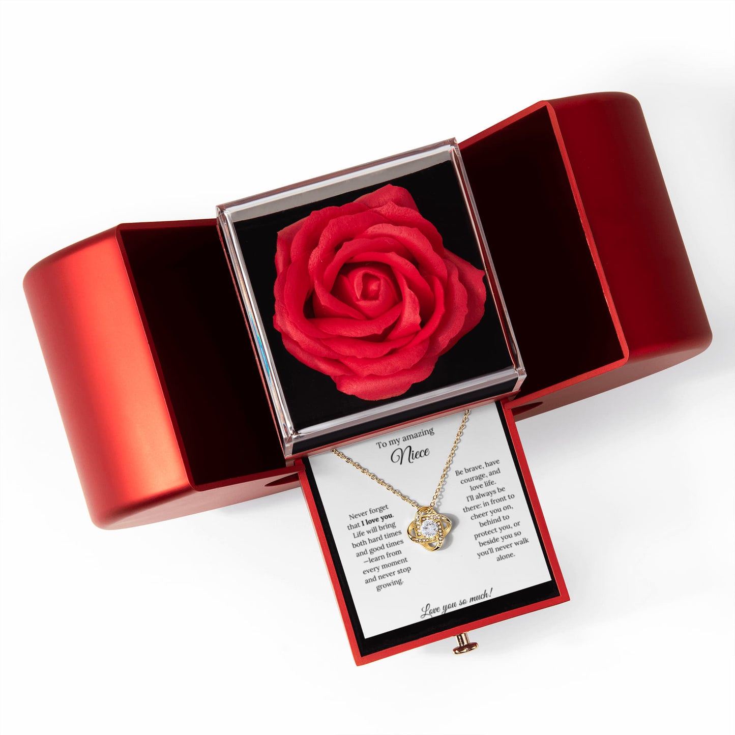 To My Amazing Niece - I'll Always Be There - Love Knot Necklace with Red Heart Rose Box