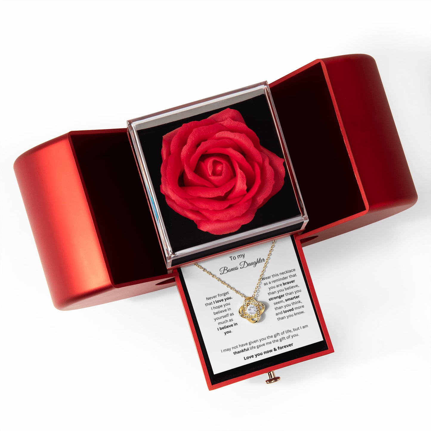 To My Bonus Daughter - Never Forget - Love Knot Necklace with Red Heart Rose Box