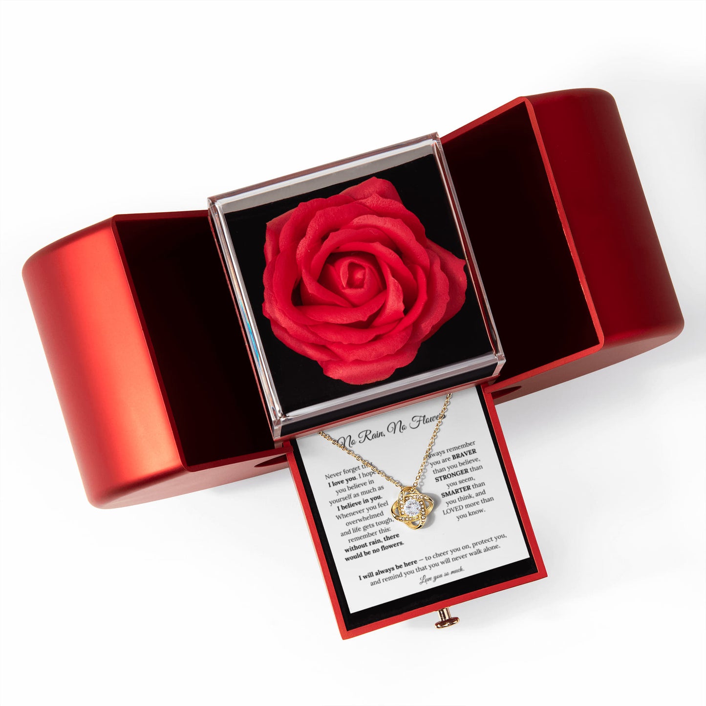 No Rain, No Flowers | I Will Always Be Here | Love Knot Necklace with Red Heart Rose Box