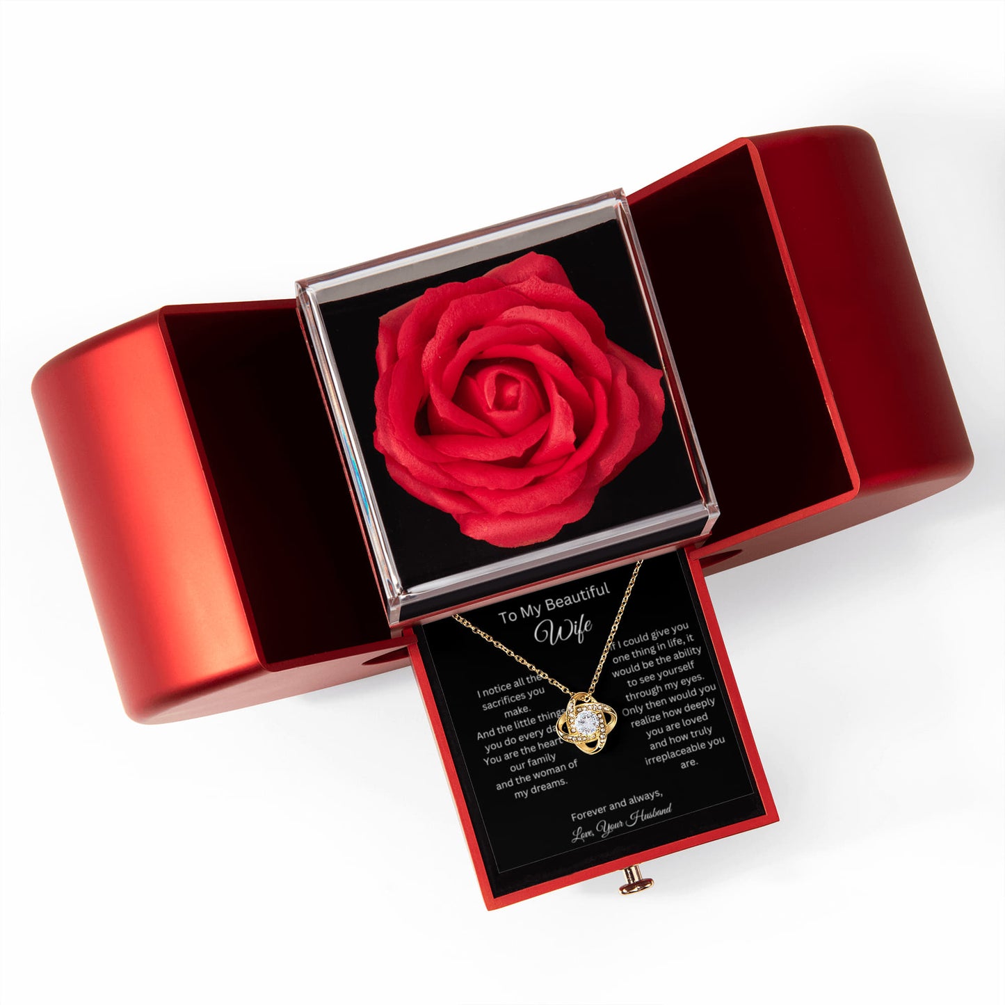 To My Beautiful Wife - Heart Of Our Family - Love Knot Necklace with Red Heart Rose Box