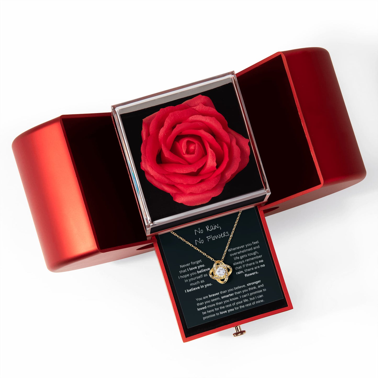 No Rain No Flowers - I Believe In You - Love Knot Necklace with Red Heart Rose Box