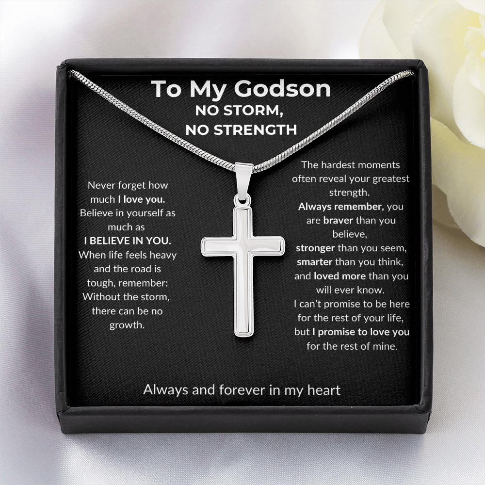To My Godson - No Storm, No Strength - Artisan Cross Necklace with Snake Chain