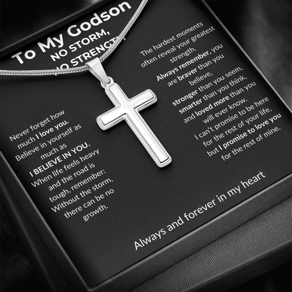 To My Godson - No Storm, No Strength - Artisan Cross Necklace with Snake Chain