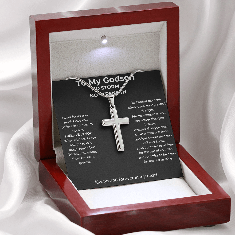 To My Godson - No Storm, No Strength - Artisan Cross Necklace with Snake Chain