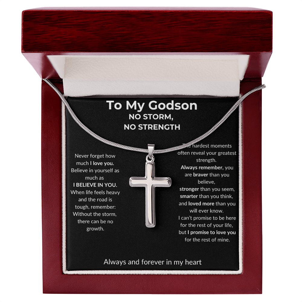To My Godson - No Storm, No Strength - Artisan Cross Necklace with Snake Chain