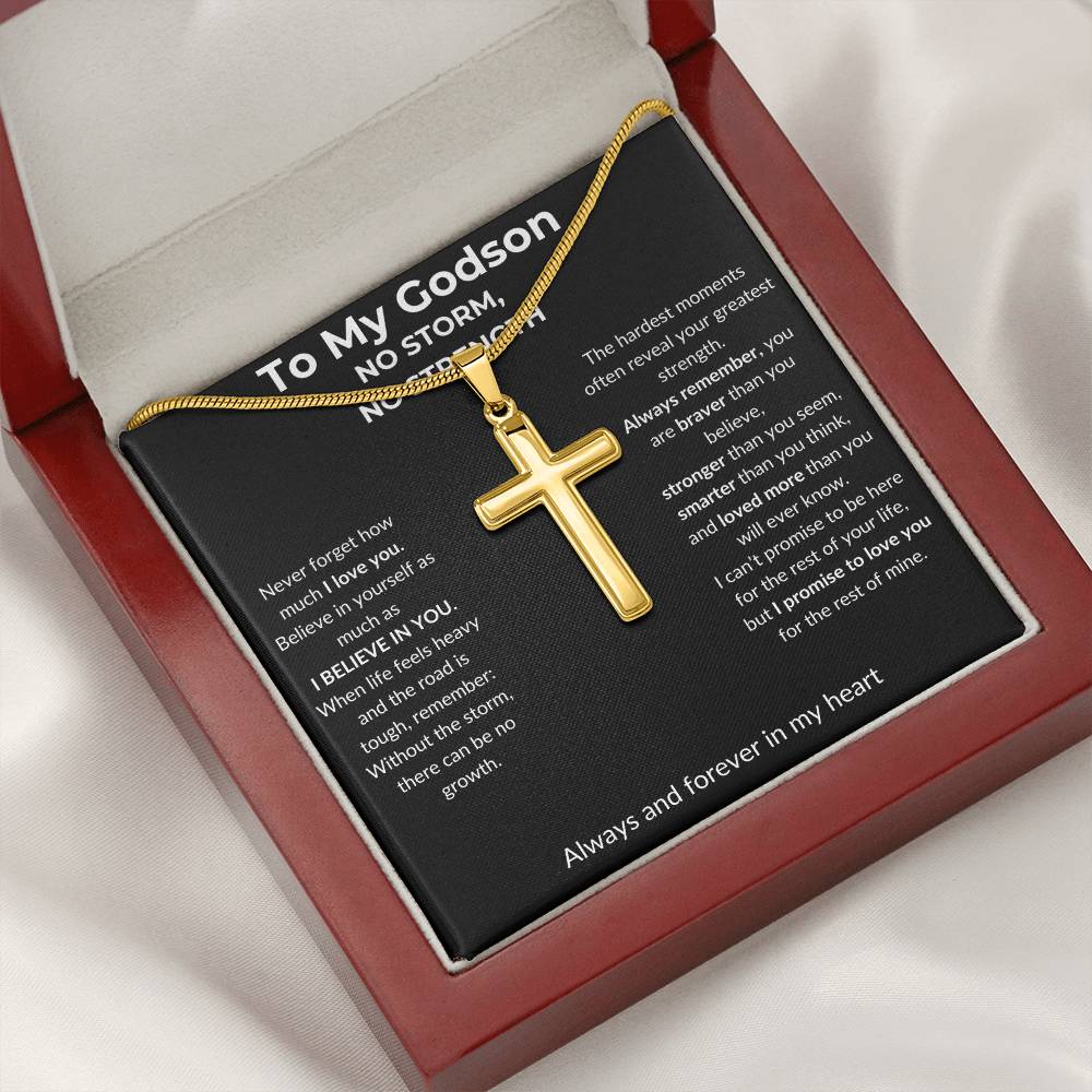 To My Godson - No Storm, No Strength - Artisan Cross Necklace with Snake Chain