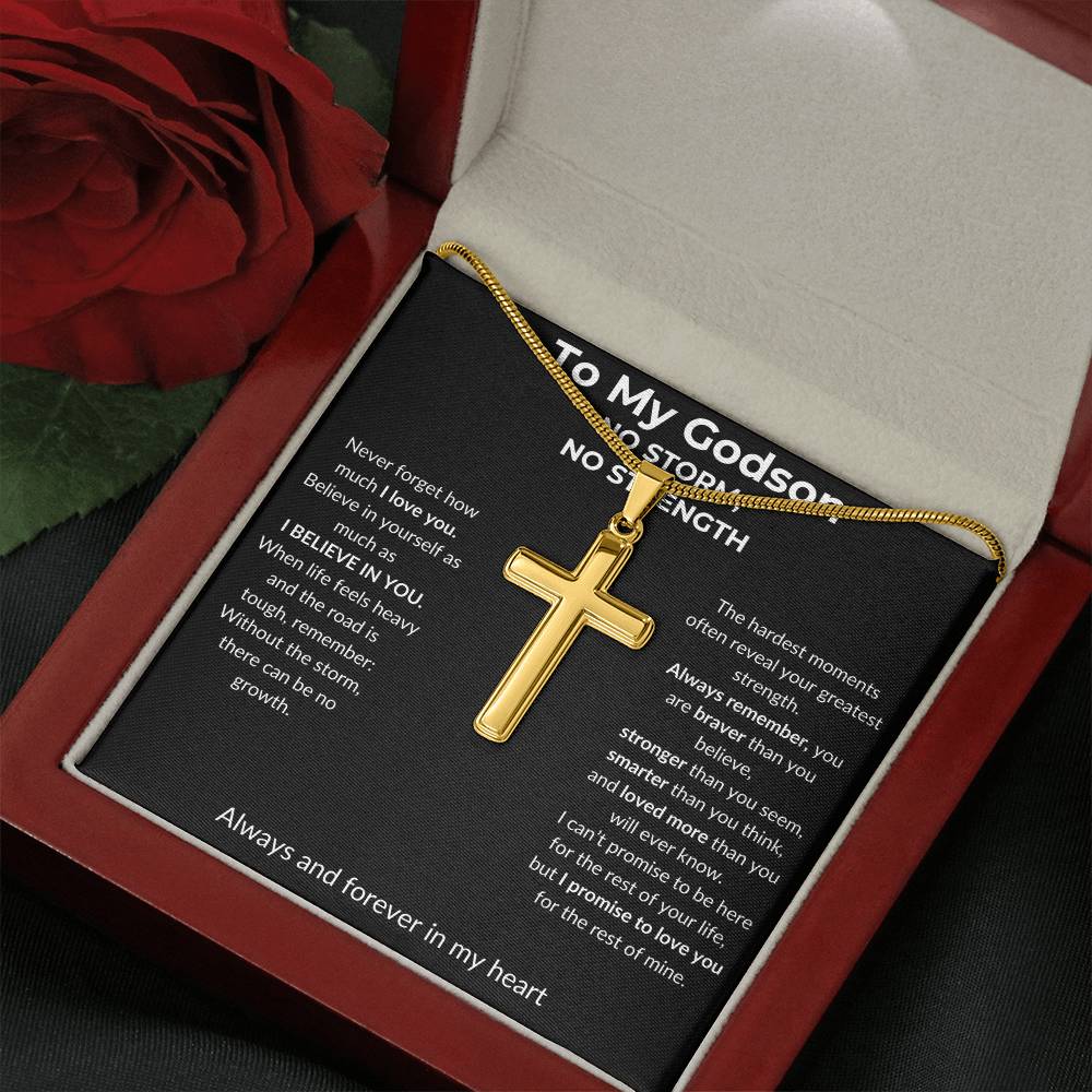 To My Godson - No Storm, No Strength - Artisan Cross Necklace with Snake Chain