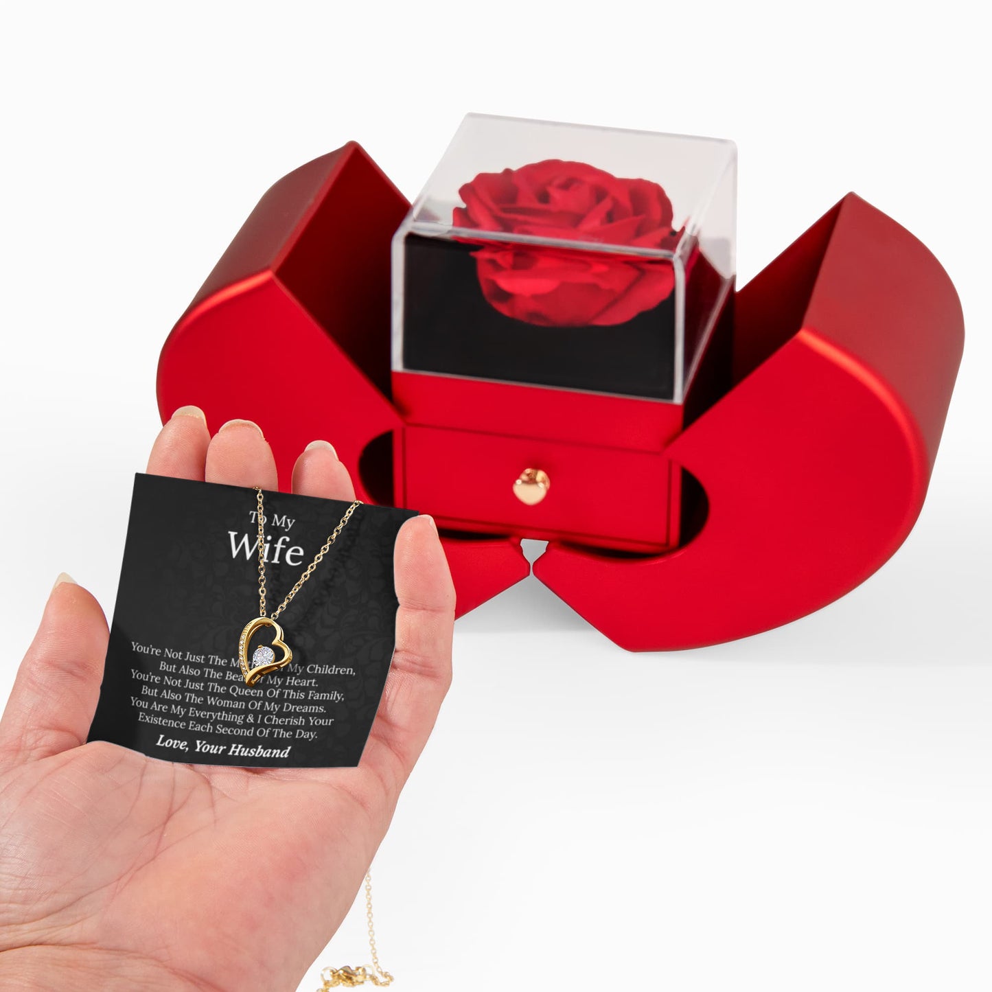 To My Wife - Beat Of My Heart - Forever Love Necklace with Red Heart Rose Box