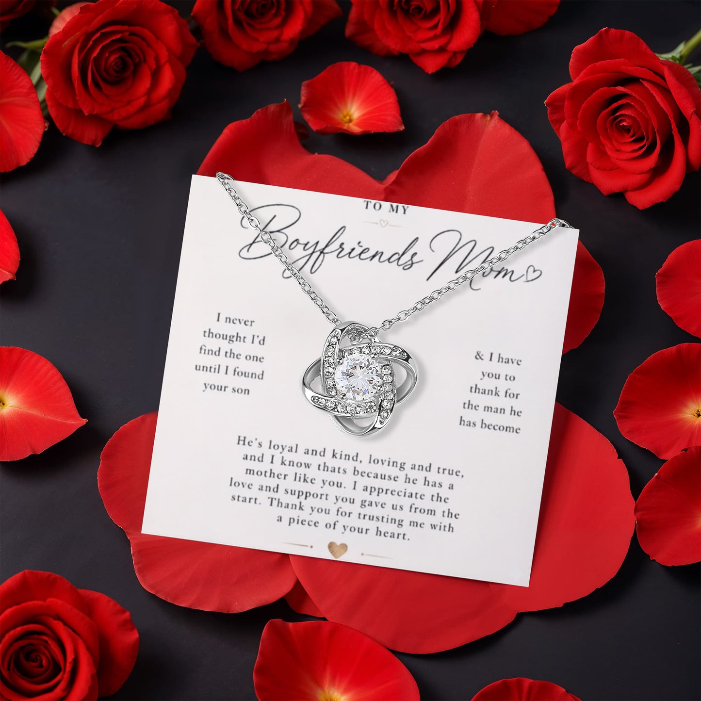 To My Boyfriends Mom - Thank You - Love Knot with Rotating Rose Gift Box