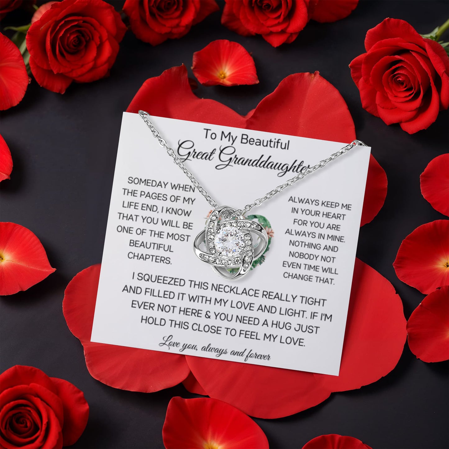 To My Beautiful Great Granddaughter - Always Keep Me In Your Heart - Love Knot with Rotating Rose Gift Box