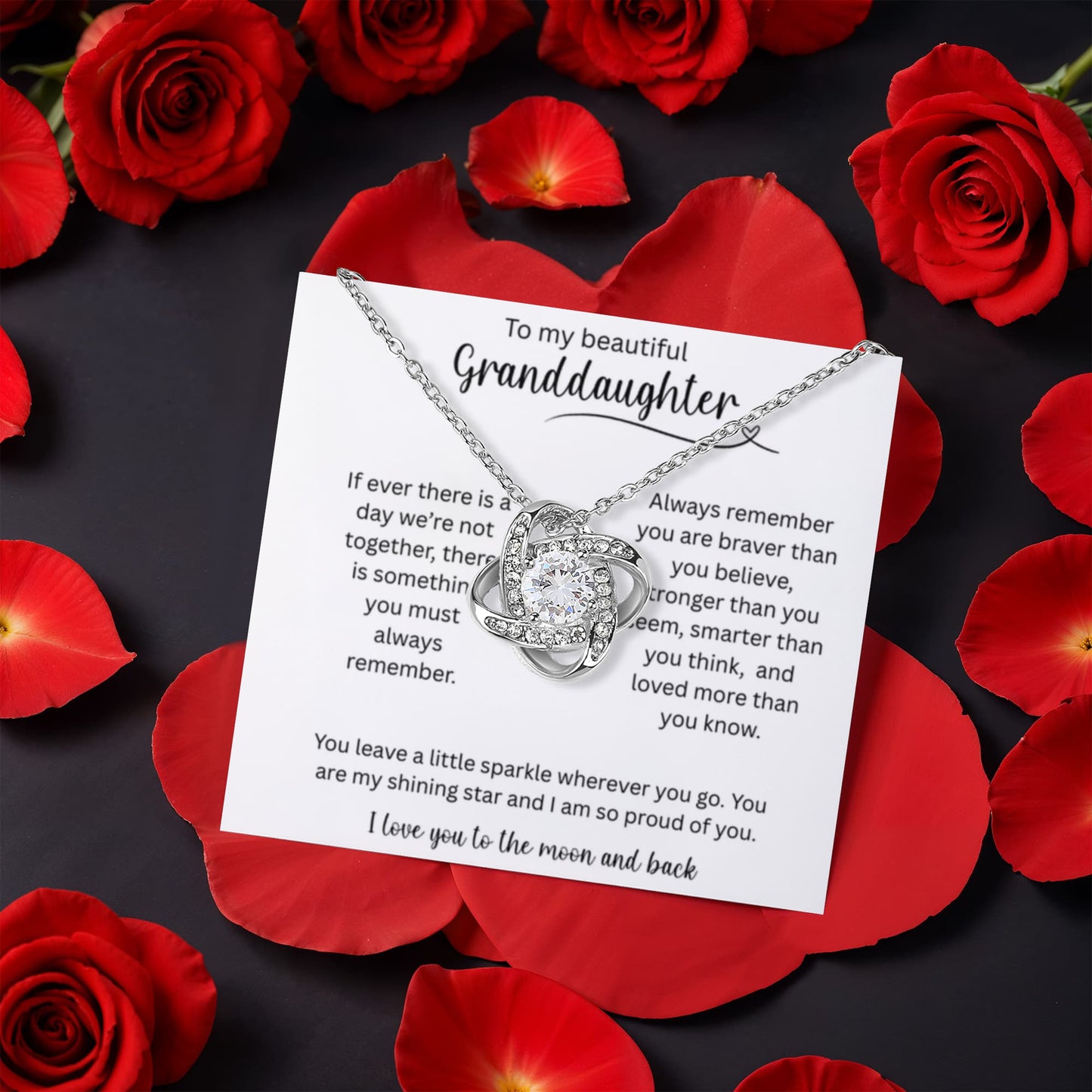 To My Beautiful Granddaughter - I Love You To The Moon And Back - Love Knot with Rotating Rose Gift Box
