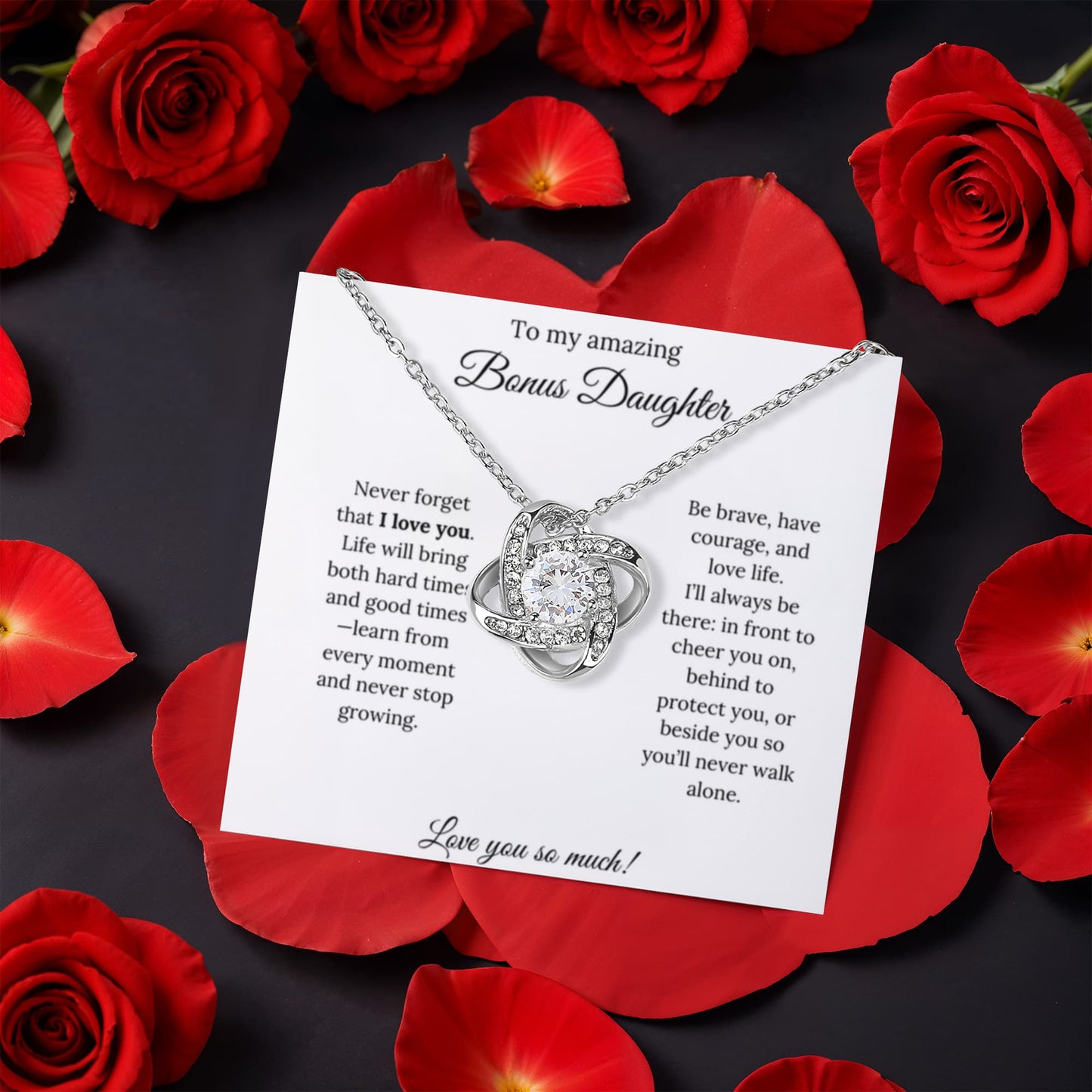 To My Amazing Bonus Daughter | Love You So Much | Love Knot with Rotating Rose Gift Box