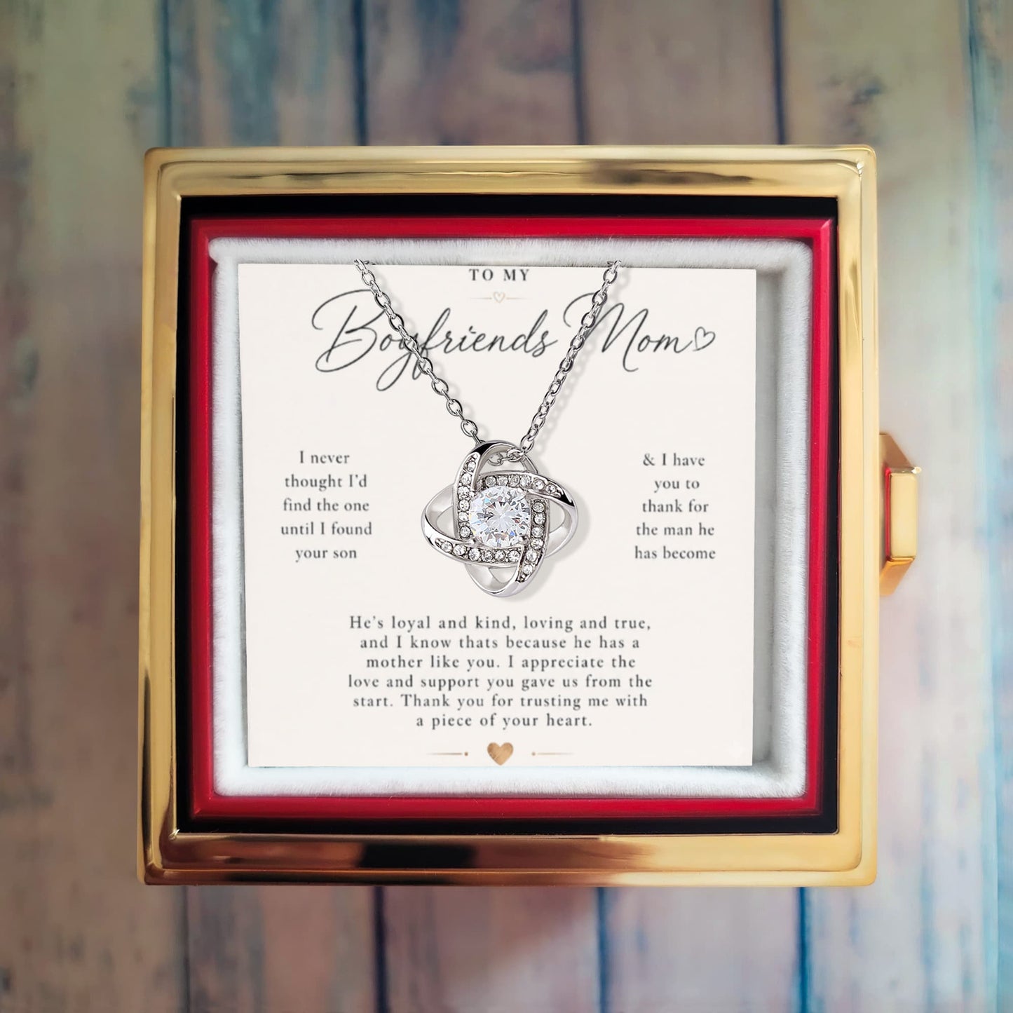 To My Boyfriends Mom - Thank You - Love Knot with Rotating Rose Gift Box