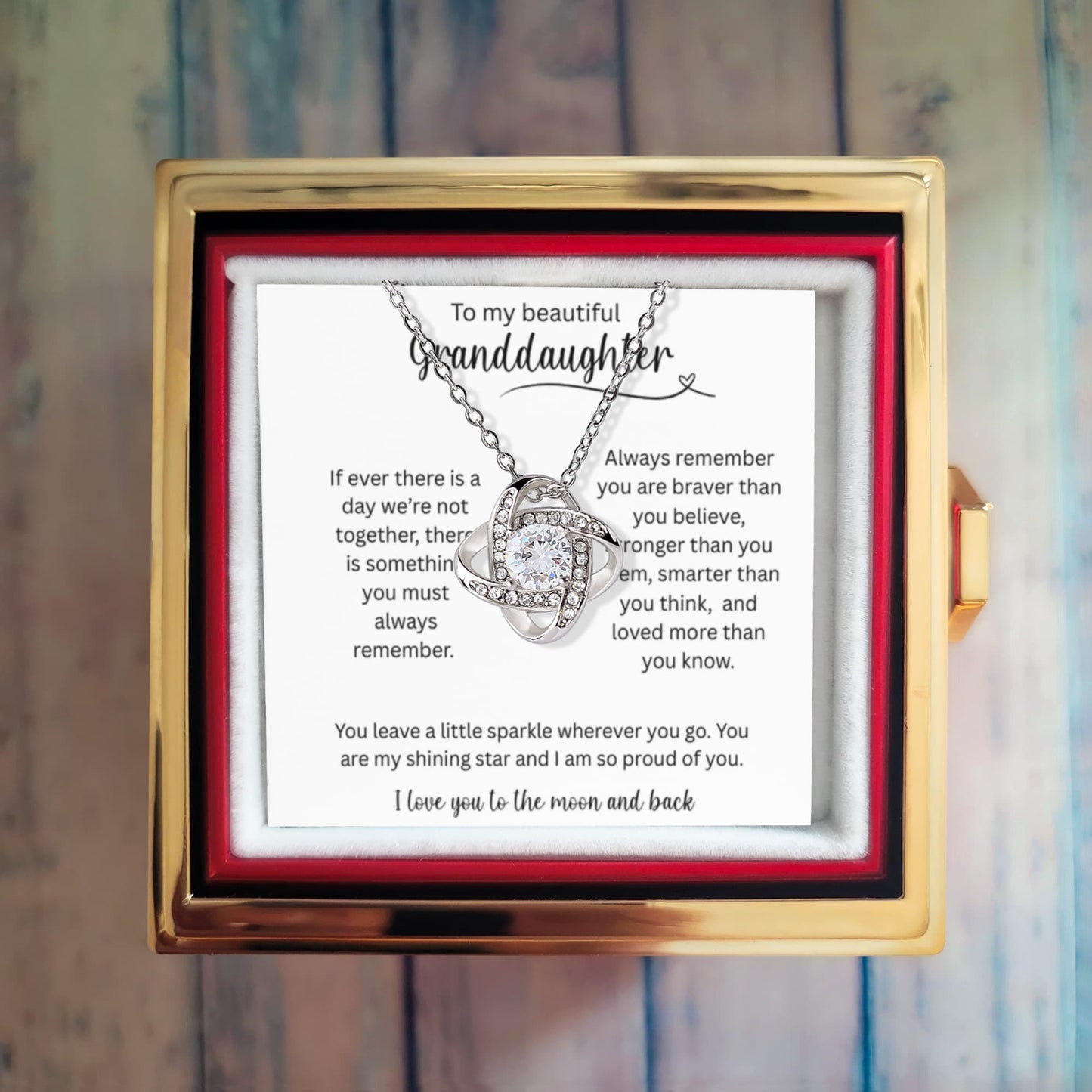 To My Beautiful Granddaughter - I Love You To The Moon And Back - Love Knot with Rotating Rose Gift Box