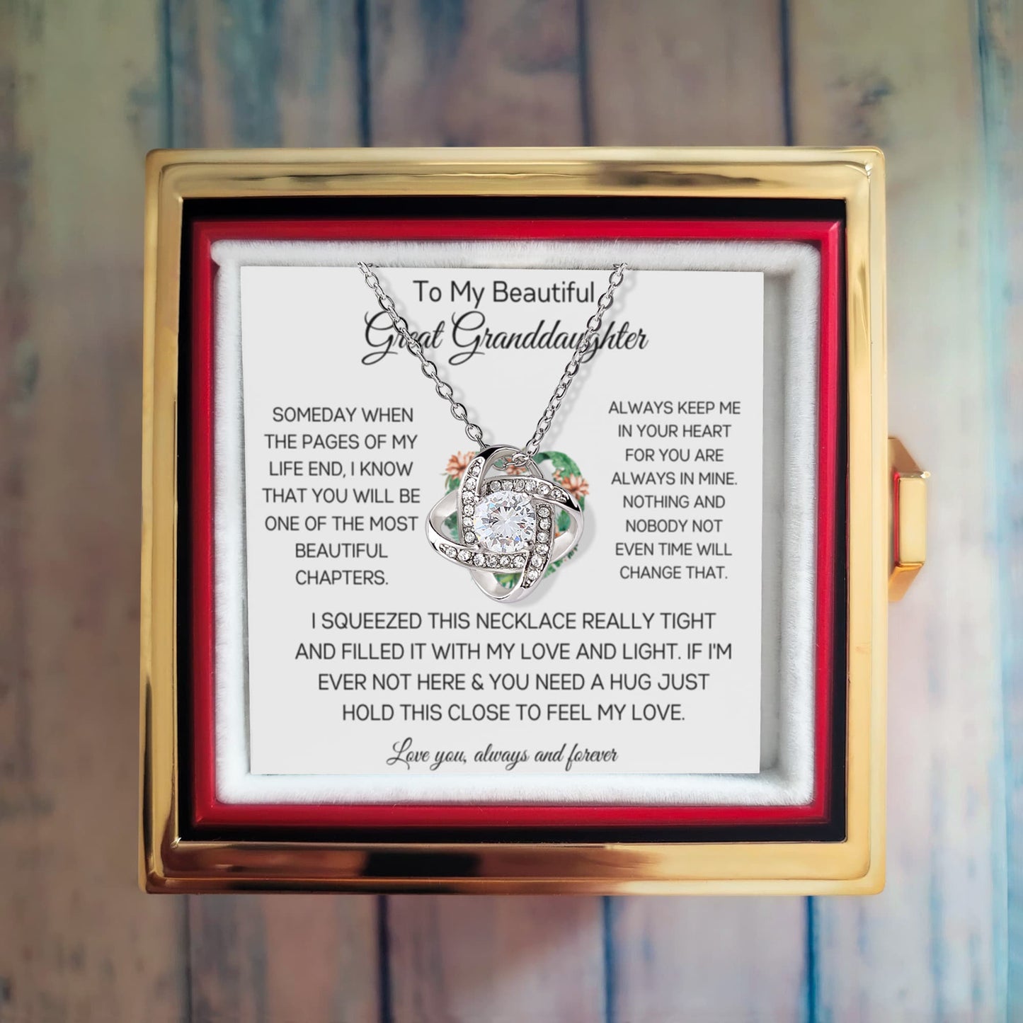 To My Beautiful Great Granddaughter - Always Keep Me In Your Heart - Love Knot with Rotating Rose Gift Box