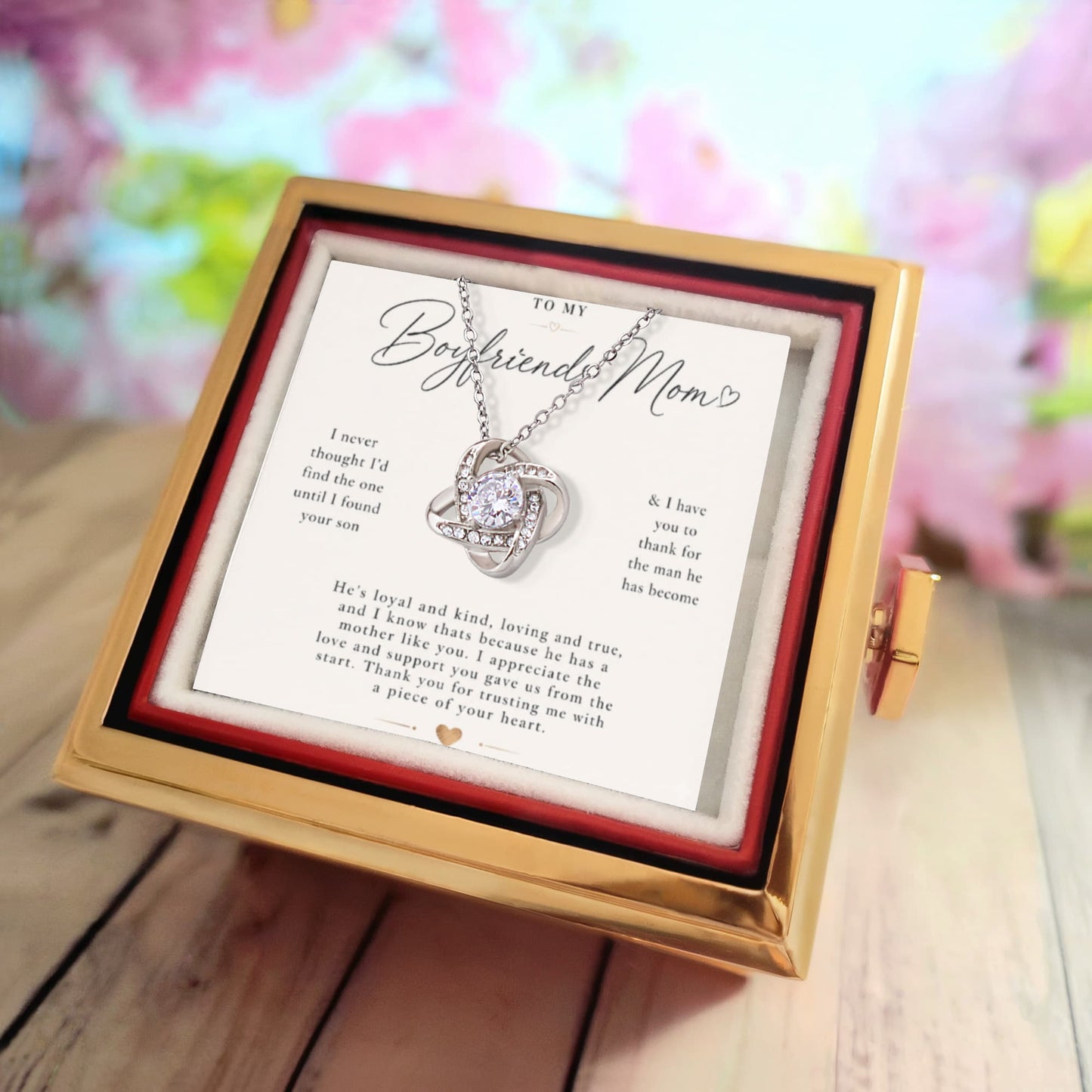 To My Boyfriends Mom - Thank You - Love Knot with Rotating Rose Gift Box
