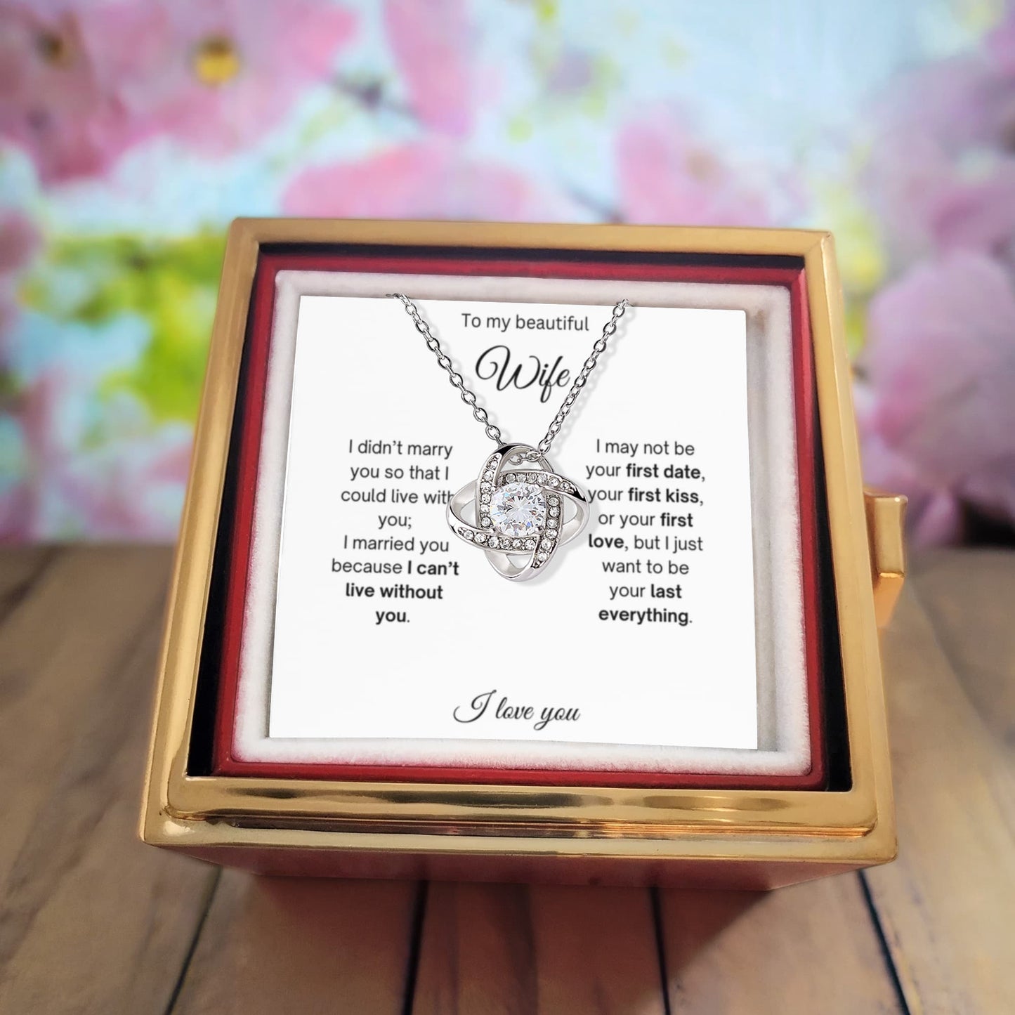 To My Beautiful Wife - I Love You - Love Knot with Rotating Rose Gift Box