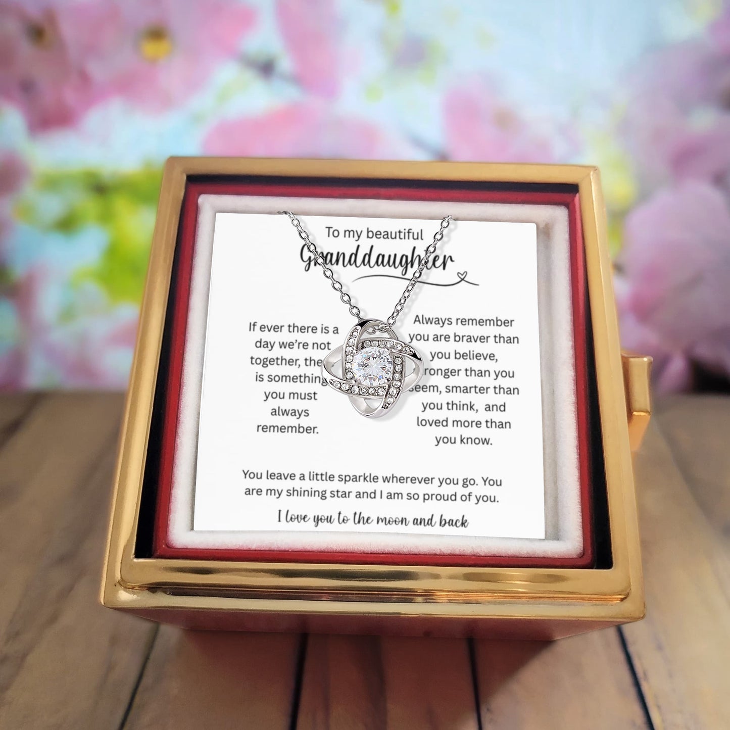 To My Beautiful Granddaughter - I Love You To The Moon And Back - Love Knot with Rotating Rose Gift Box