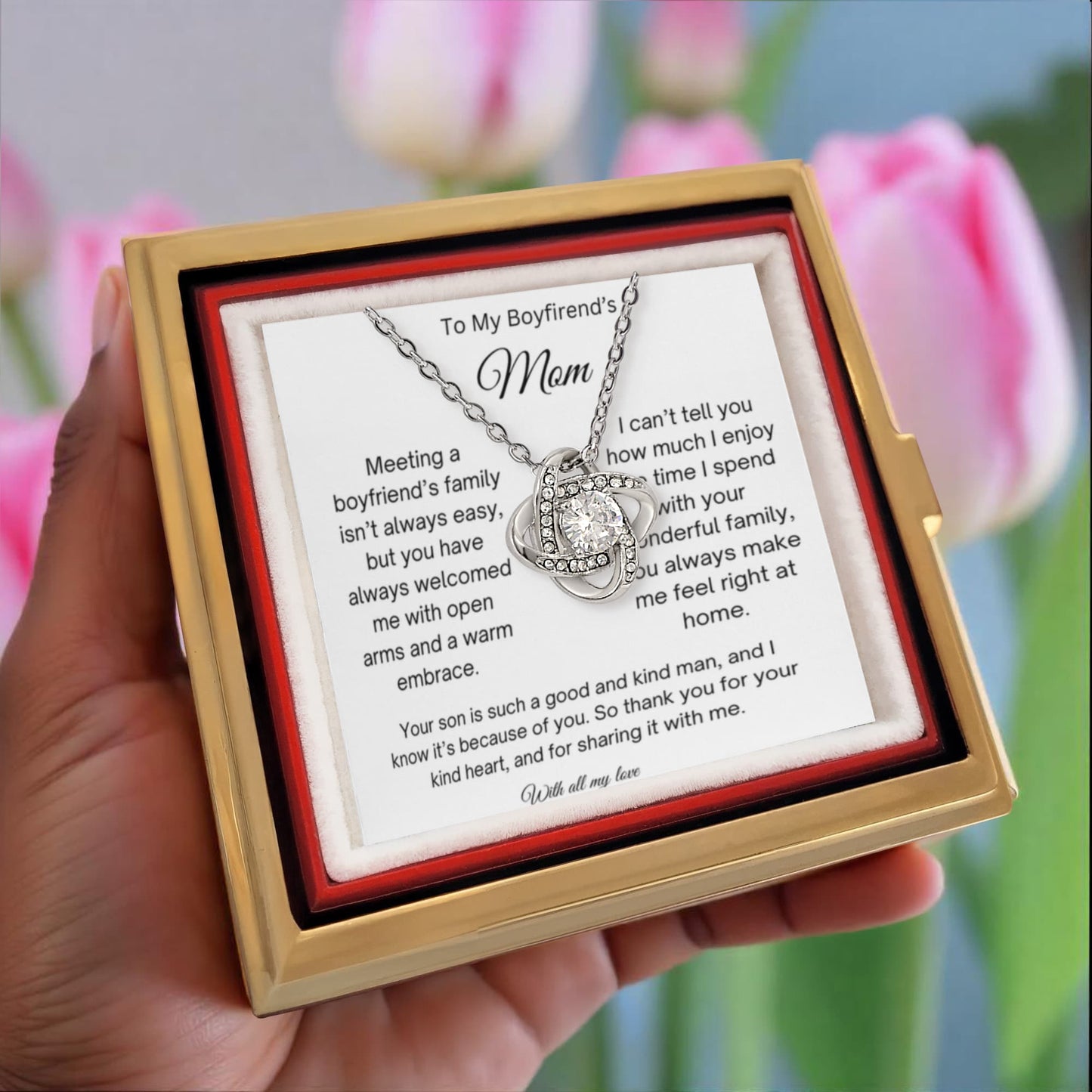 To My Boyfriend's Mom | Thank You | Love Knot with Rotating Rose Gift Box